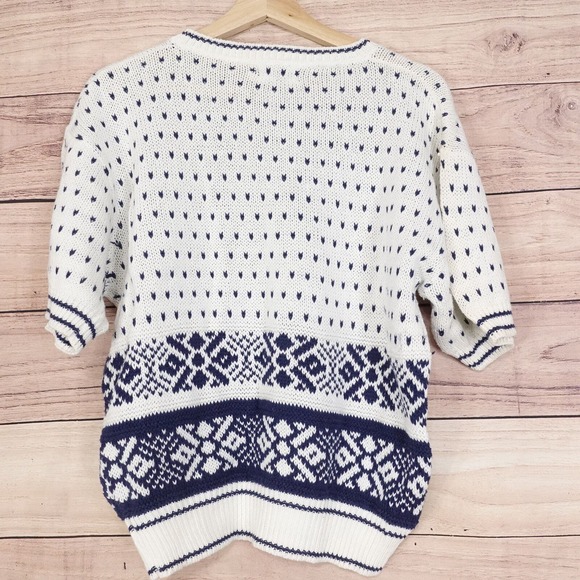 VINTAGE ALFRED DUNNER USA MADE WHITE BLUE FLORAL SHORT SLEEVE SWEATER WOMENS L - Picture 4 of 6